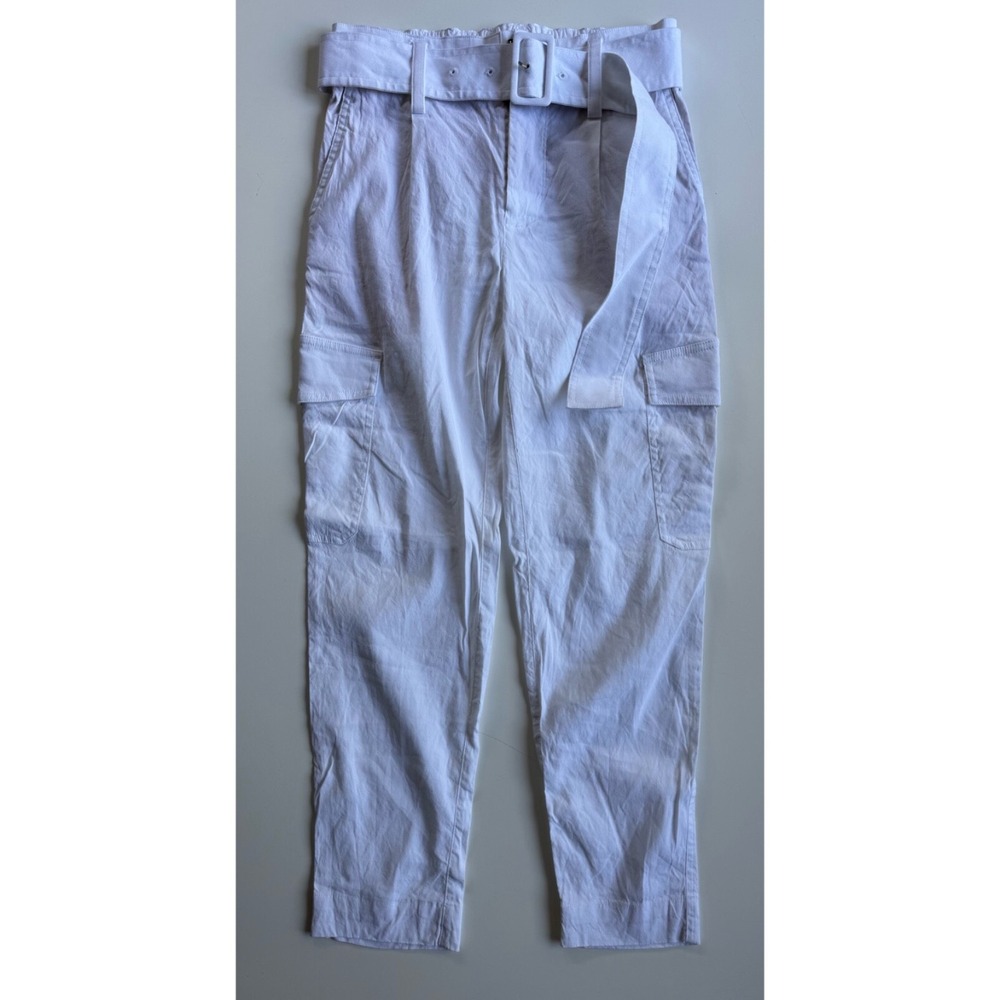 VINCE Belted Buckle Linen Pants Womens 00 White Adjustable 24"L‎ Cargo Pocket